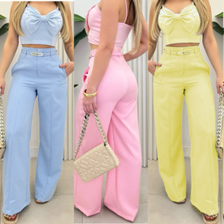 Calça Feminina Pantalona Alfaiataria Premium Social Com Cinto em Oferta na Shopee