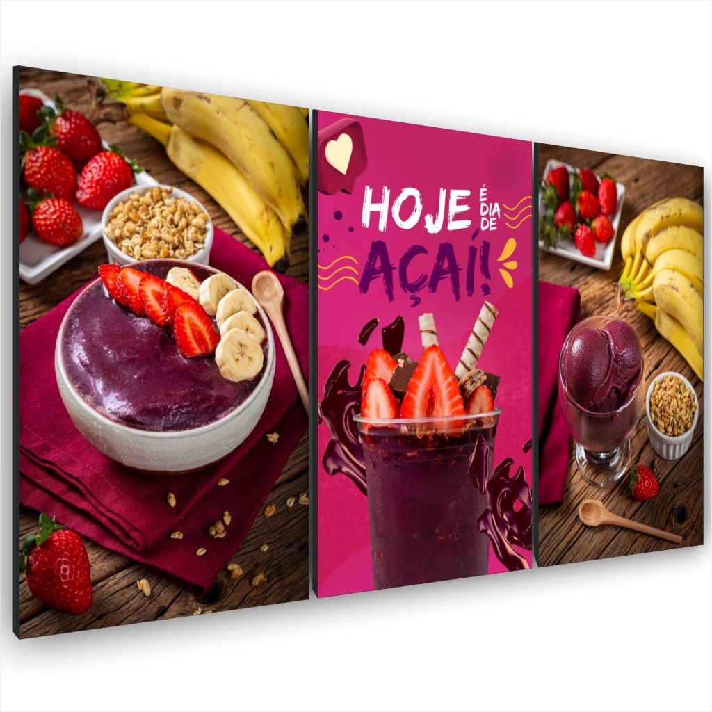 Quadro Decorativo Açaí Frutas Doce Lanchonete Restaurante 3 PEÇAS em Oferta na Shopee