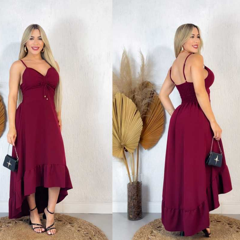 Vestido Alcinha Midi Mullet Elegante Liso C/Babado e Lastex na Costa e Bojo/Casual detalhe na frente