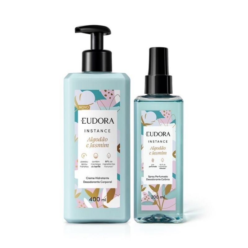 Eudora Kit Creme Hidratante e Spray Perfumado Desodorante Colônia Eudora Instance Algodão e Jasmim