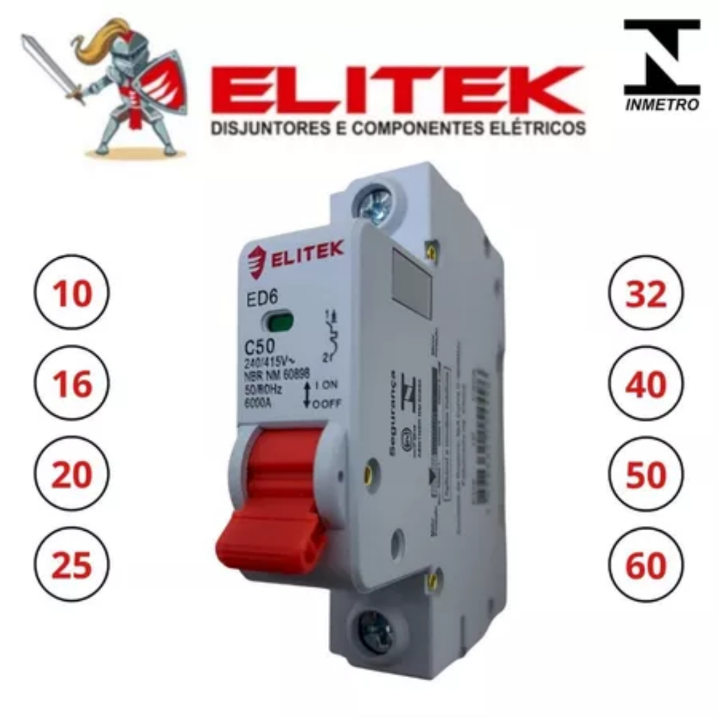 Disjuntor Monopolar Unipolar Elitek Curva C Inmetro 10,16,20,25,32,40,50,63 Amperes em Oferta na Shopee