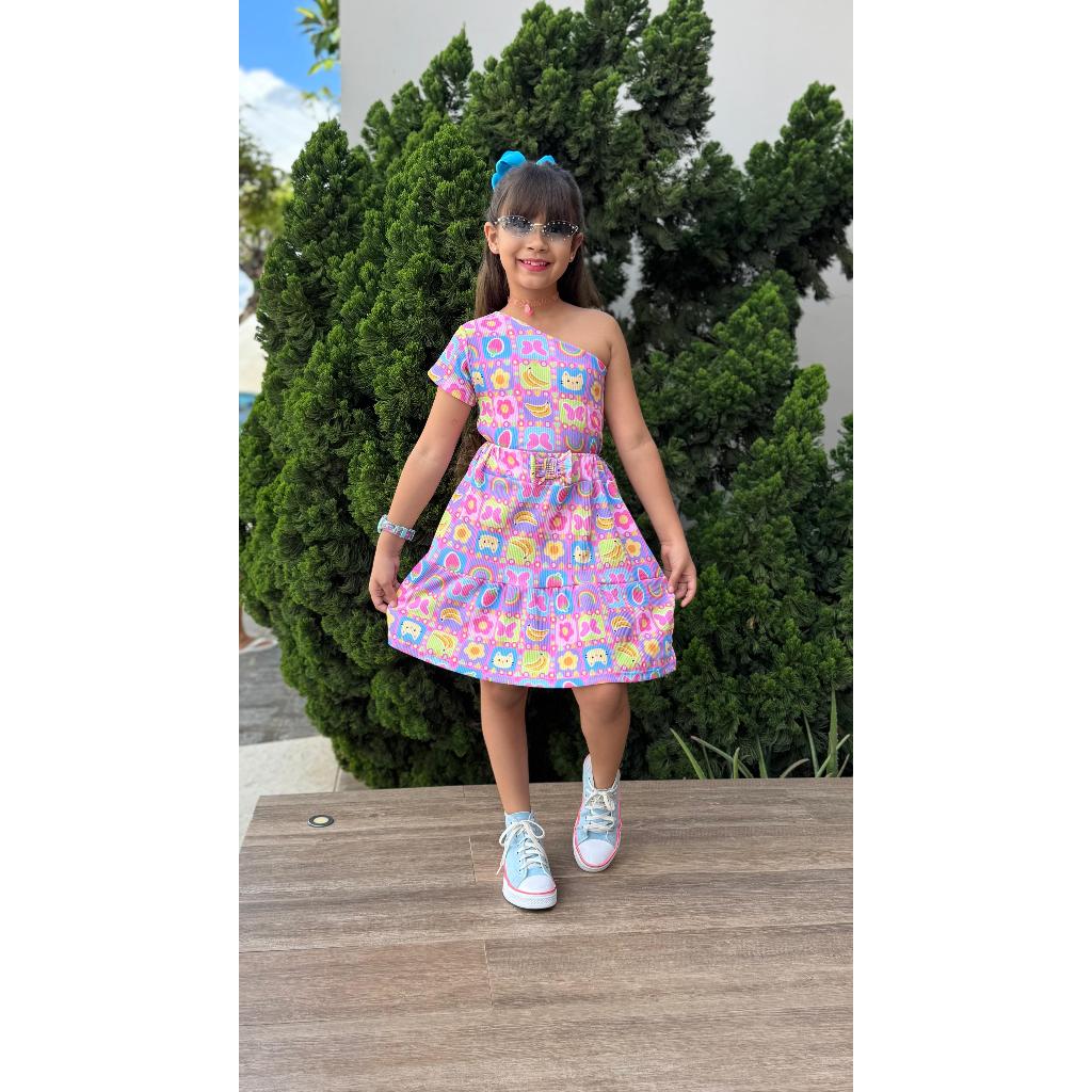 Conjunto Infantil Menina 4 5 6 7 8 Anos – Vestido Canelado Estampado com Laço e Babado