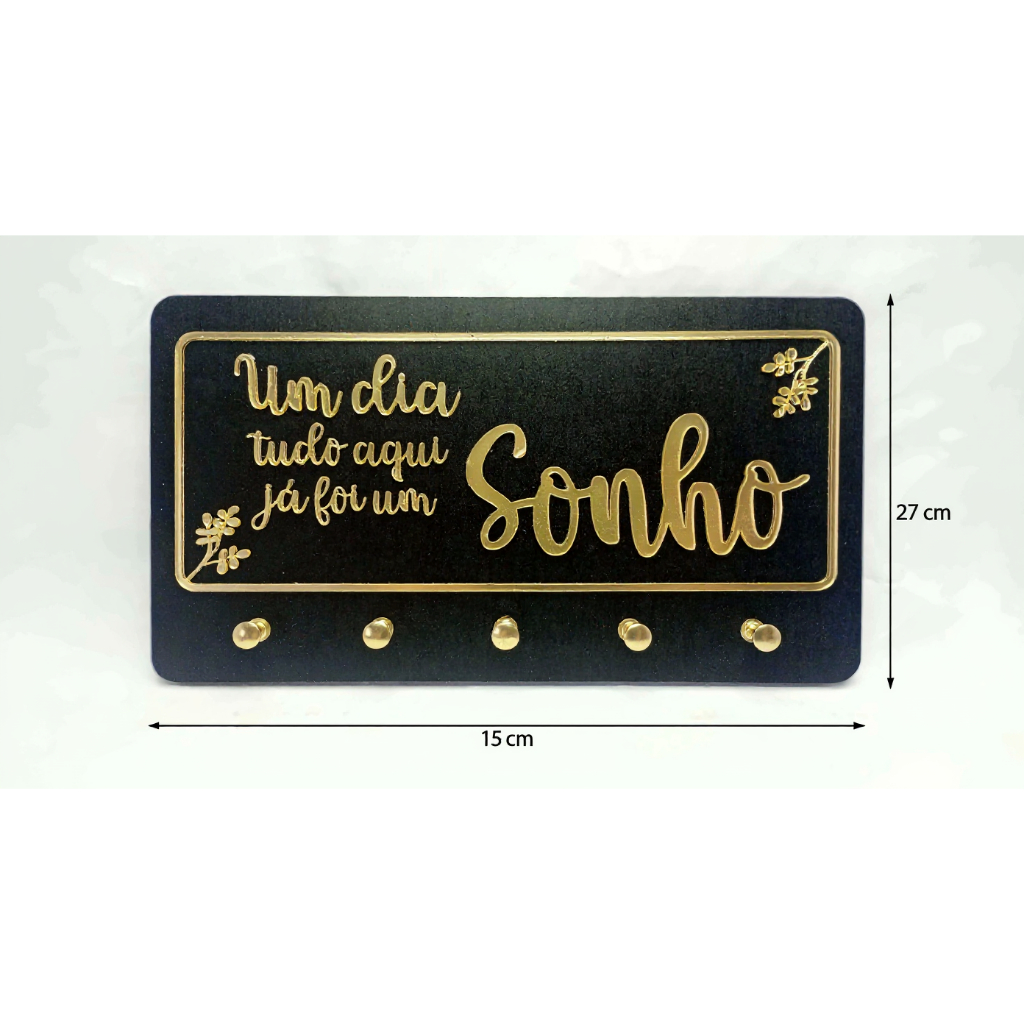Porta-Chaves Decorativo MDF Sonho Preto Dourado 15x27cm 5 Ganchos