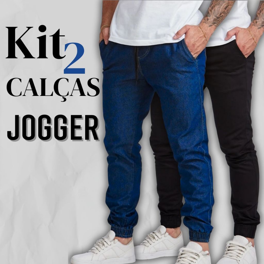 kit  Calça Jogger Sarja Masculina com Punho Elástico com bolsos laterais em Oferta na Shopee