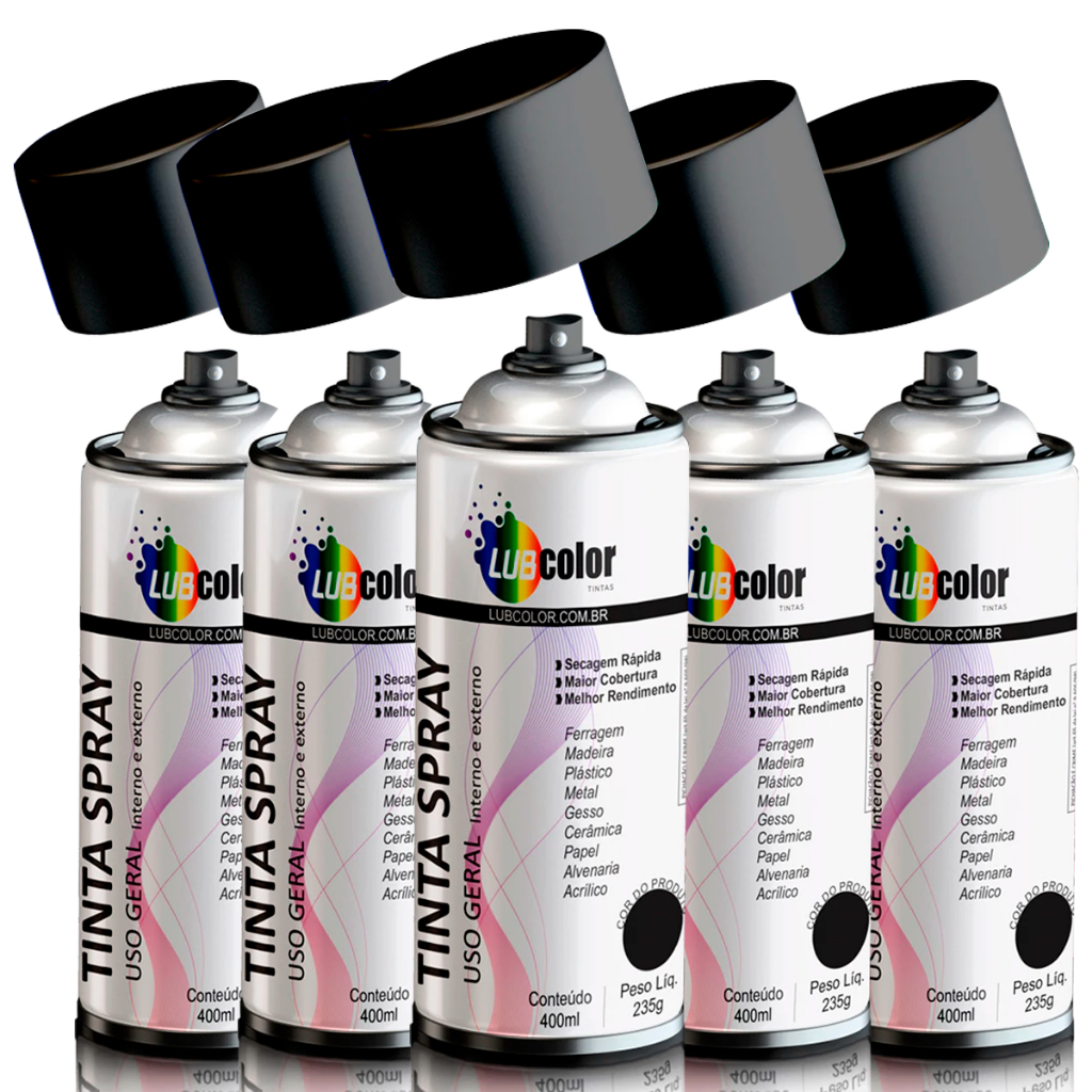 Kit Jogo Com 6 Tintas Spray PRETO BRILHANTE 400ml LUBCOLOR Uso Geral Madeira Papel Isopor Plástico