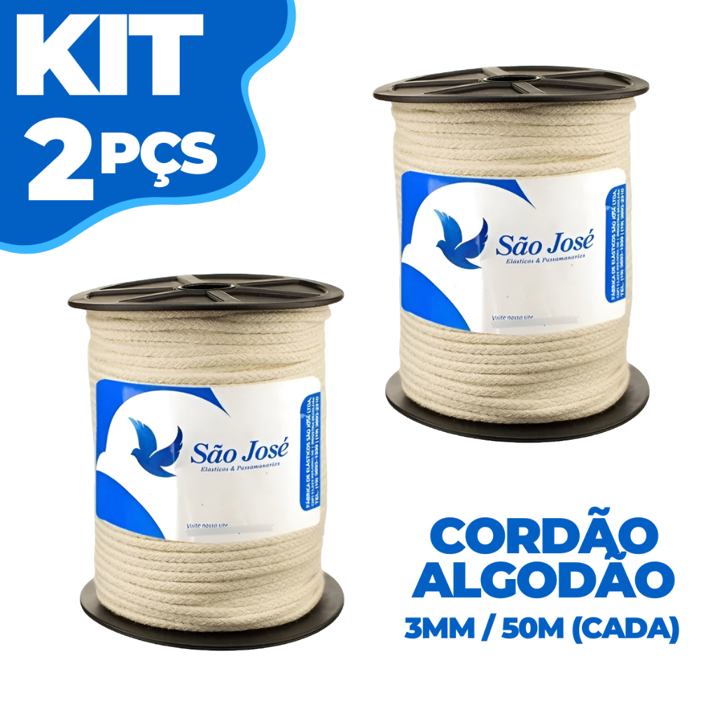 Kit 2 Corda Cordão Trancado 100% Algodão Para Artesanato, Macramê e Punhos de Rede de Dormir - 50m