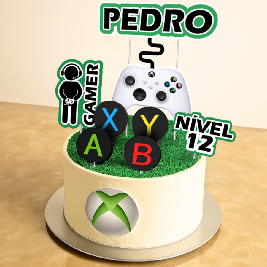 Topo de Bolo XBOX (Branco/ Preto) Personalizada Com Nome e Idade Decoração Festa Infantil Gamer