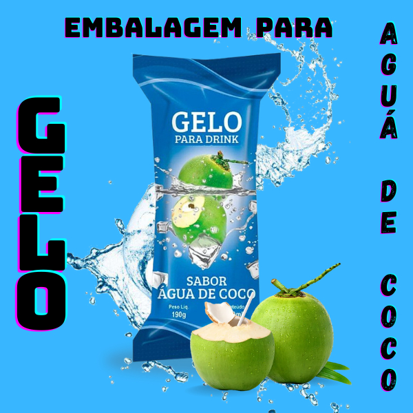 01 Pacote  Embalagem Higiênica Bopp para Gelo de Coco sabor água de coco com 200 unidades Tamanho 9,5 x 21 cm