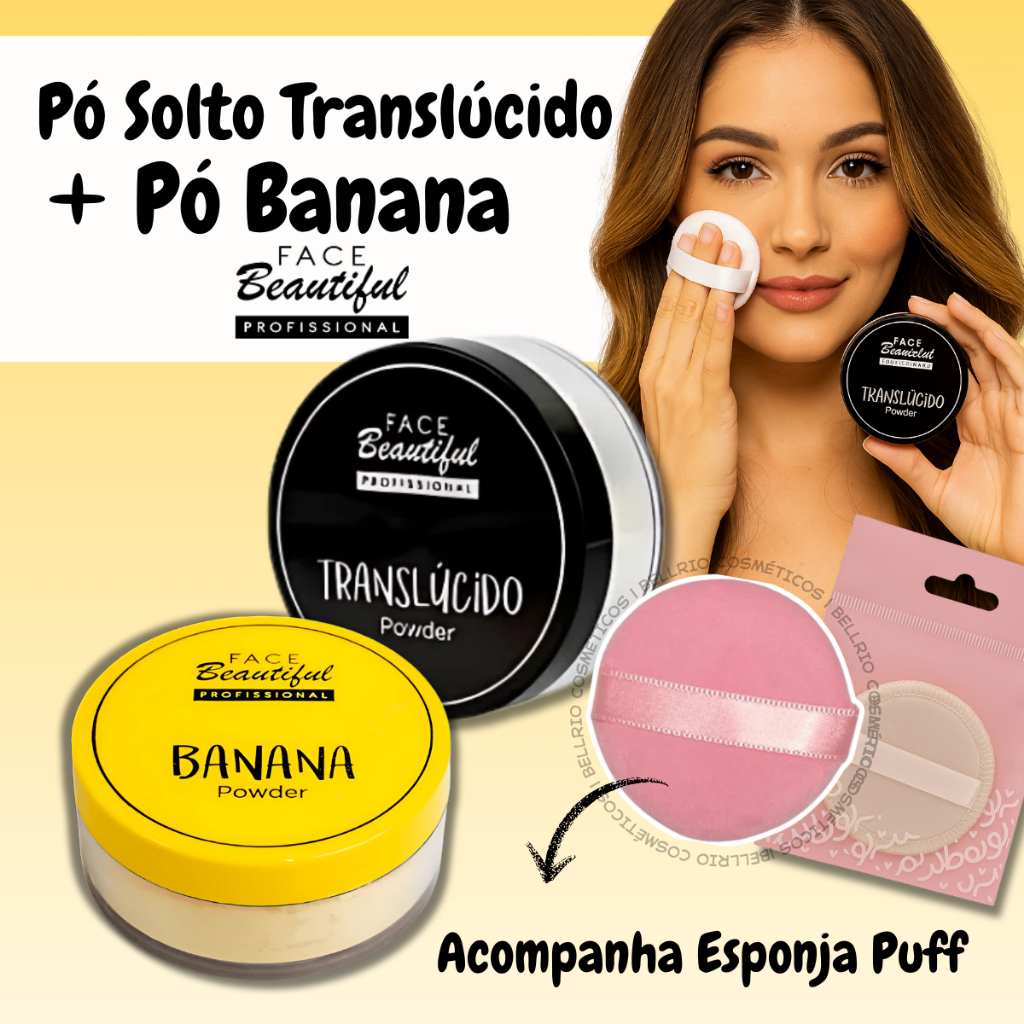 Kit Pó Solto Translúcido e Pó Banana com Esponja Puff Maquiagem Face Beautiful em Oferta na Shopee