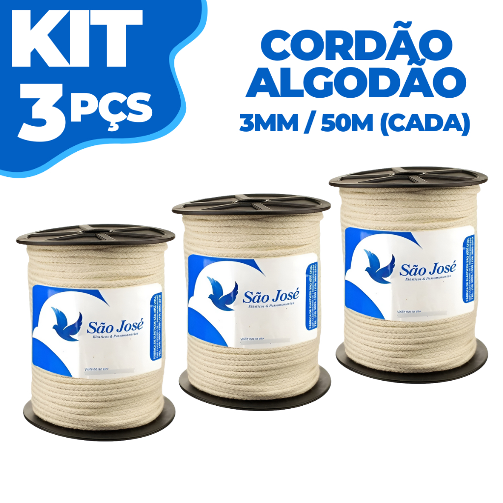 Kit Cordão Corda 100% Algodão 3mm Com 50 Metros Trançado Macramê Crochê Bordado Artesanato São José