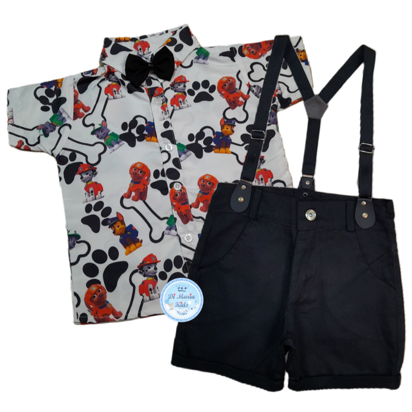 Conjunto Temático Patrulha Canina Camisa Short Suspensório Roupa bb menino festa infantil Personagem
