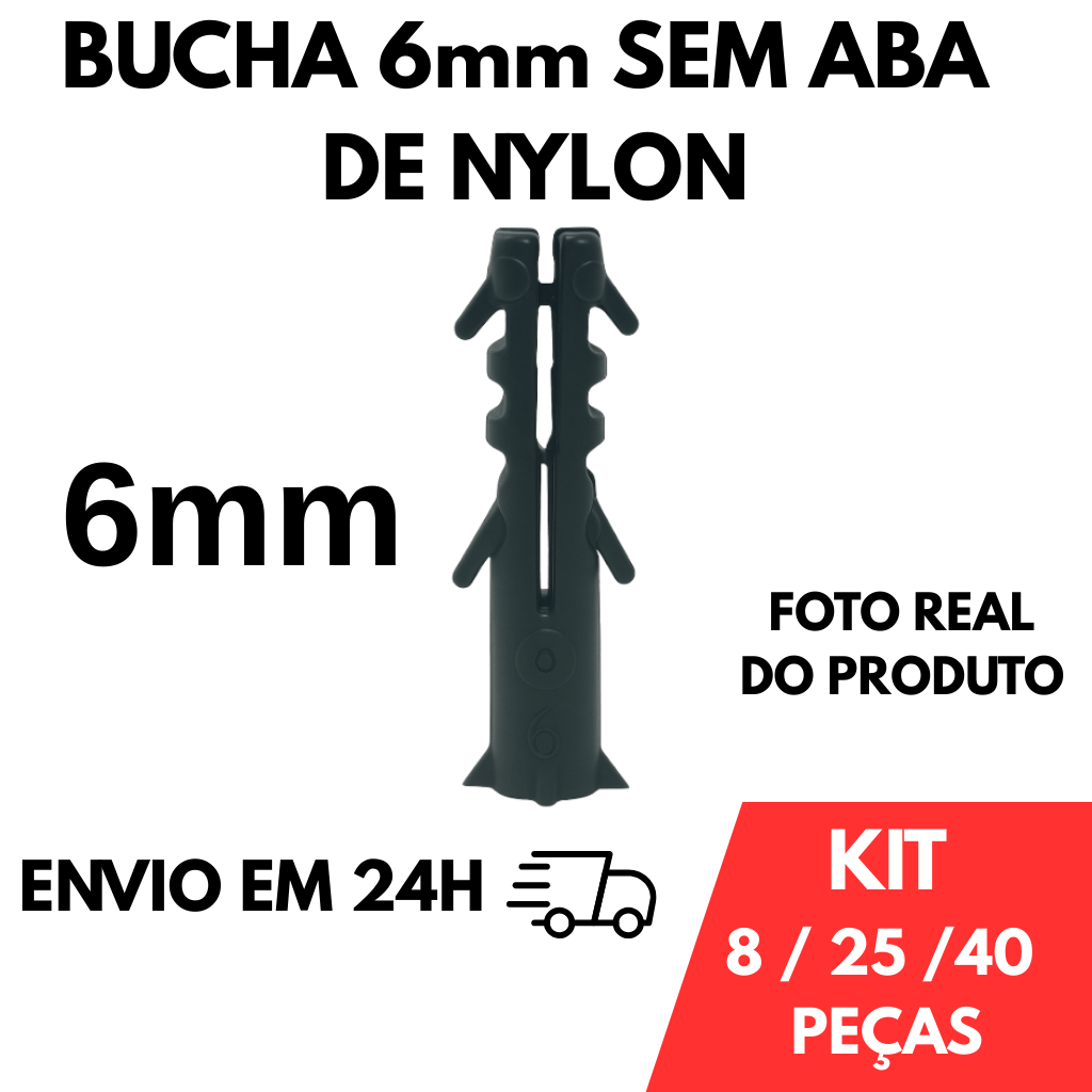 Pacote Bucha 6mm Sem Aba / Anel De Nylon - Kit Com 8 / 25 / 40 Peças