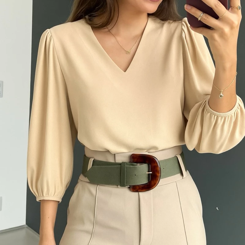 Blusa Feminina Manga 3/4 Novas Cores Tecido Crepe Moda Evangelica Detalhe Social Elegante — imagem 1