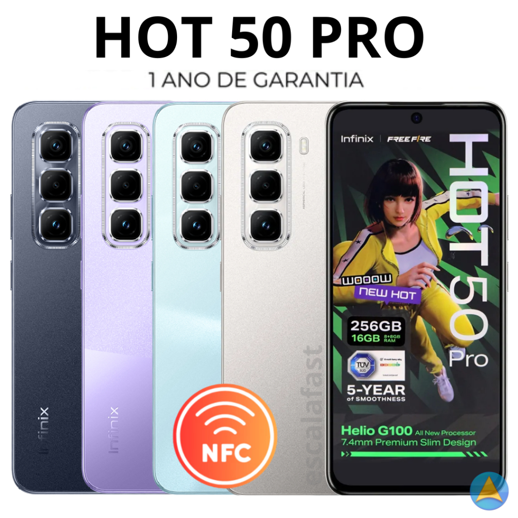 Celular Infinix Hot 50 Pro Com NFC 256GB 8GB de RAM Dual Sim Câmera 50MP - Pronta Entrega com 1 Ano de Garantia Infinix
