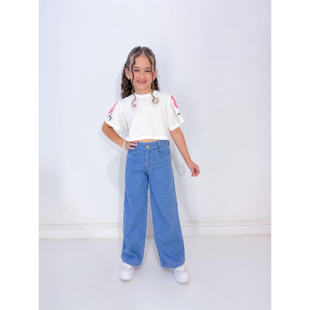Calça Infantil menina Jeans Wide Leg infanto juvenil 100% algodão Blogueirinha diva