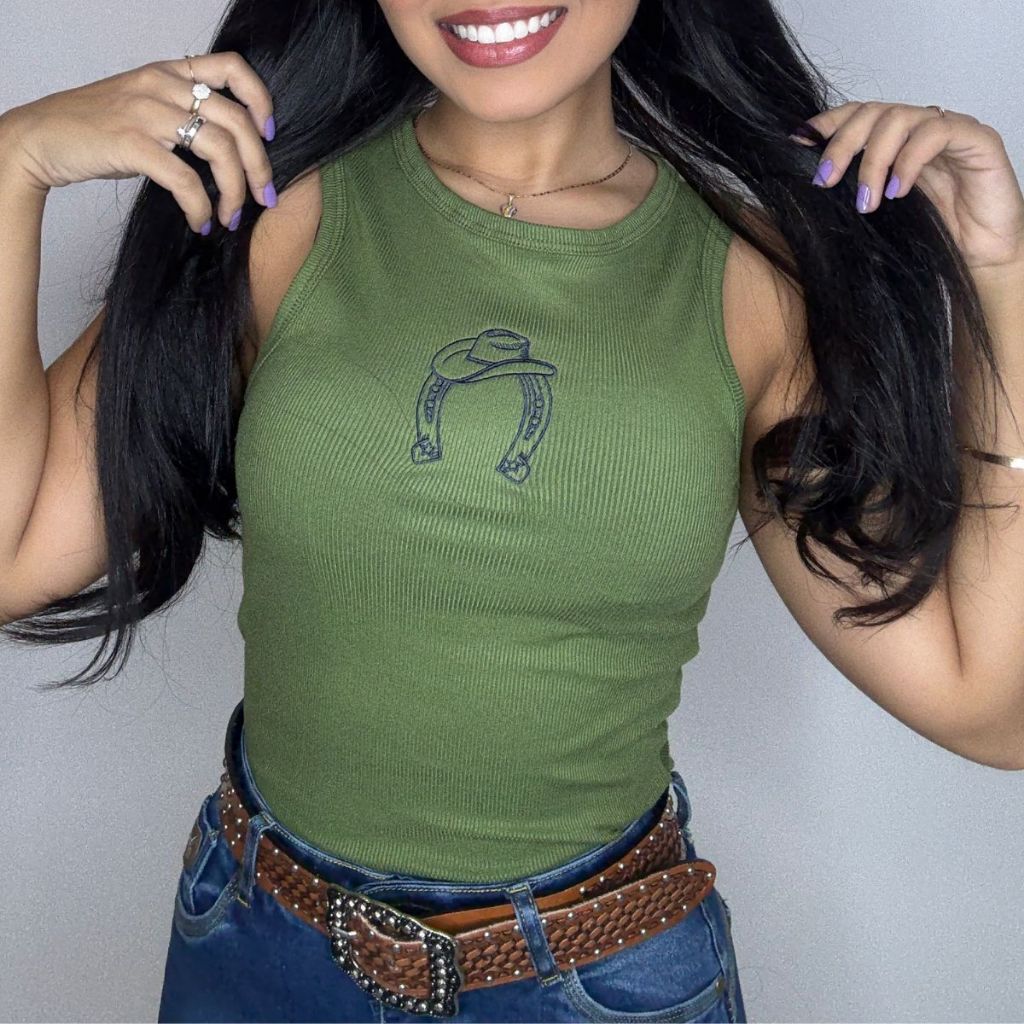 Blusa Regata Feminina Canelada Ribana Bordada Estilo Country Rodeio com Toque de Boiadeira e Qualidade Premium Basica