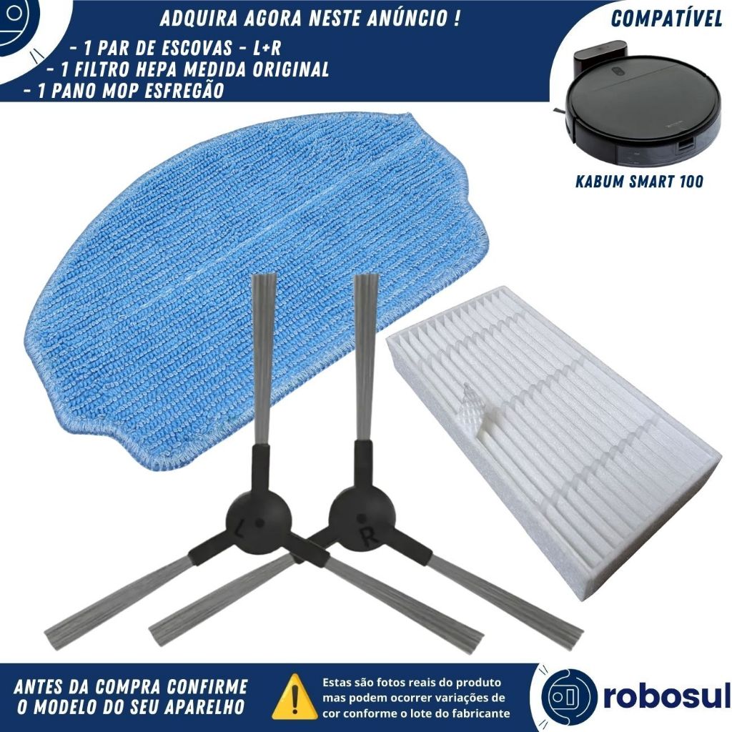 Kit Escova Lateral Filtro Hepa e Pano Mop Esfregão Para Robô Aspirador Kabum Smart 100
