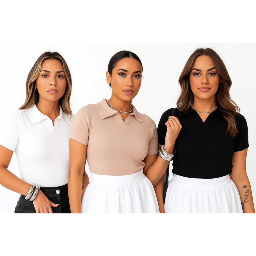 Kit 3 Blusa Gola Polo Manguinha Curta Moda Feminina  Basico Casual Feminino Verão Dia a Dia Trabalho