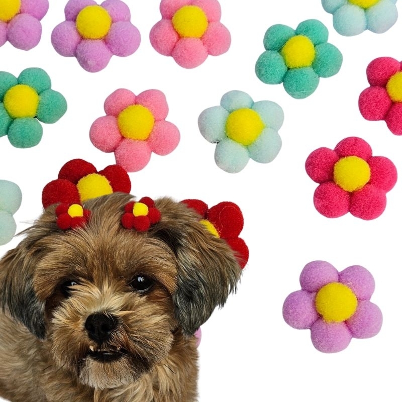 12 Laços Pet Pompom Flor (Com elástico ou adesivados)