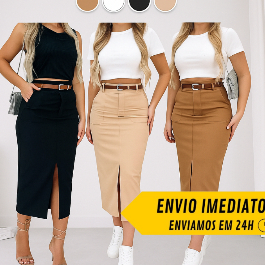 Saia Midi de Alfaiataria Com Cinto Moda feminina Elegante Tecido premium