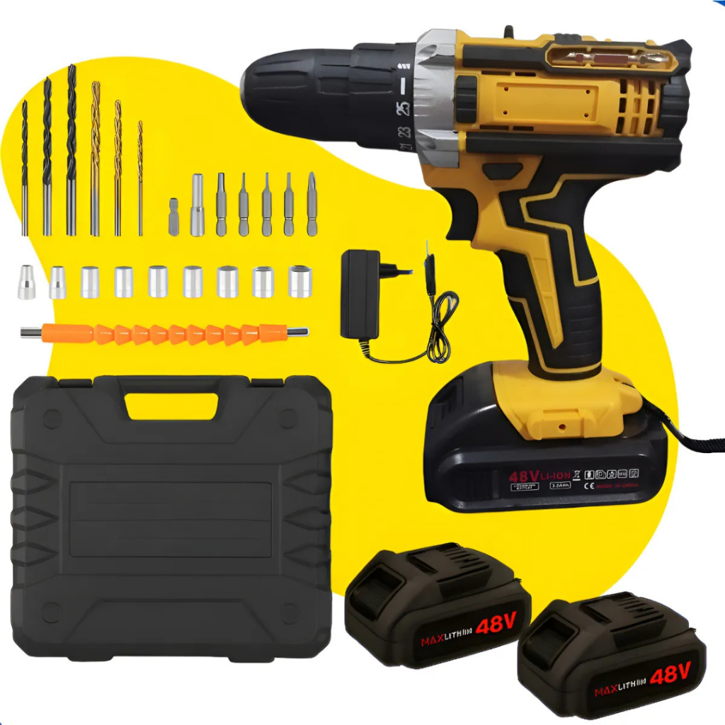 Parafusadeira Furadeira Imp Sem Fio 48v 2 Bateria Bivolt Amarelo