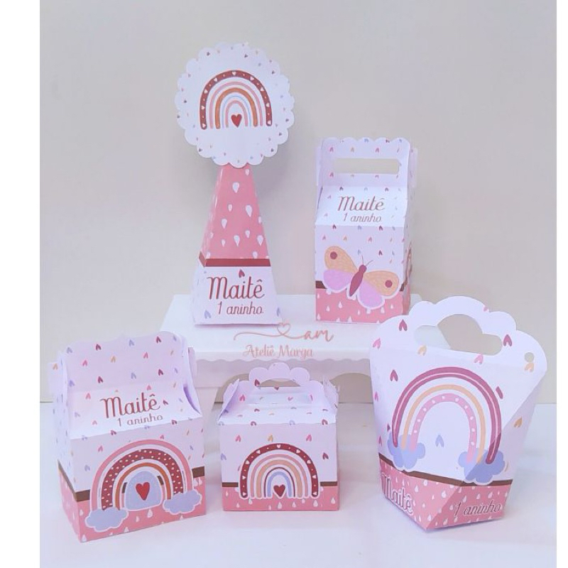 Kit Festa Caixinhas, lembrancinhas personalizada Pegue e Monte Chá Revelação e Aniversário Arco Íris boho