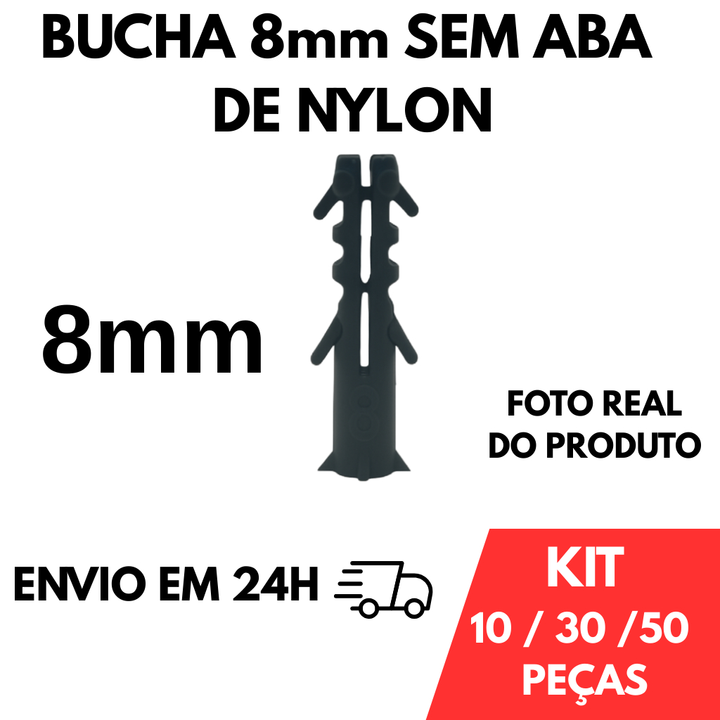 Pacote Bucha 8mm Sem Aba / Sem Anel De Nylon - Kit Com 10 / 30 / 50