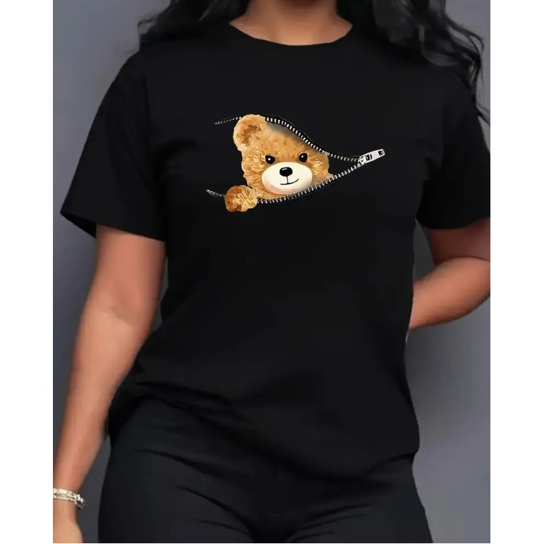 Camiseta Feminina de Manga Curta com Estampa de Urso e Zíper Divertido 100% Algodão Gola Redonda