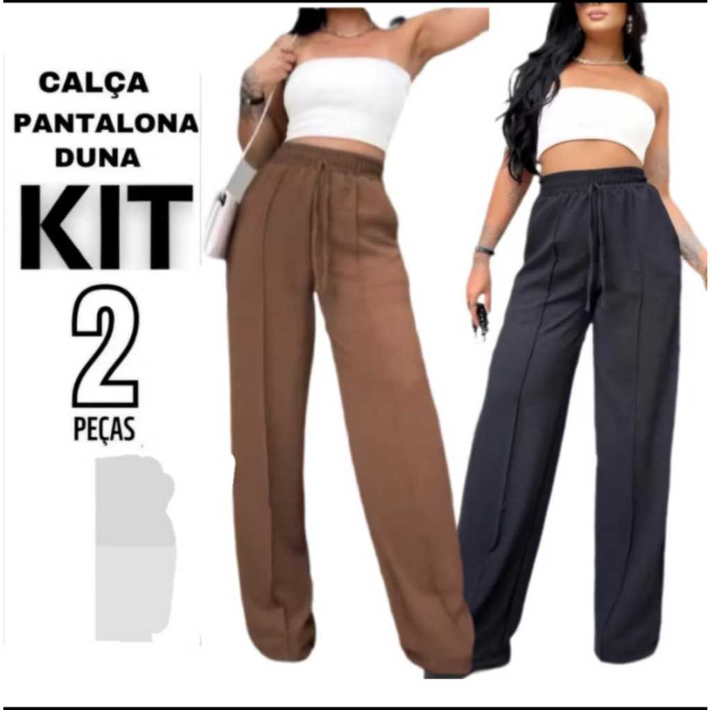 Kit 2 Calças Pantalona Feminina, Wide Leg, Tecido Duna, com Forro Cintura Alta e  Bolso