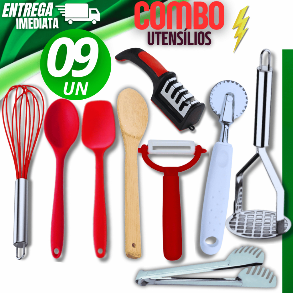 Combo 09Peças Colher Espátula Silicone Fuê Afiador Faca Bambu Descascador Pegador Amassador Cortador