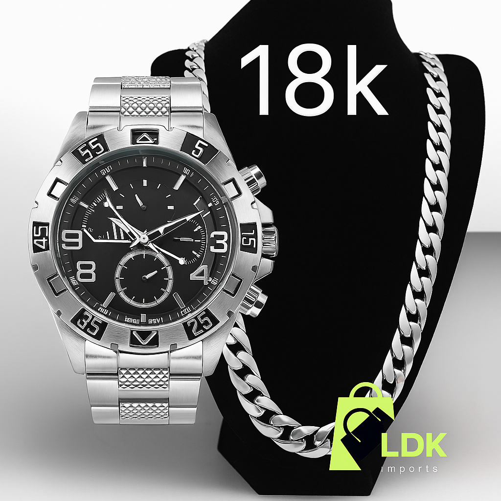 Relógio Masculino Prata Dourado Banhado 18k + Corrente Grossa 18K em Oferta na Shopee