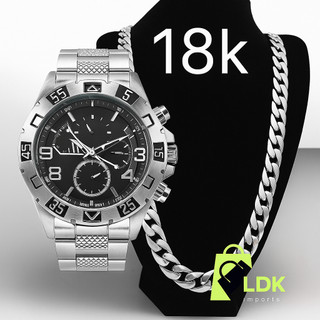 Relógio Masculino Prata Dourado Banhado 18k + Corrente Grossa 18K
