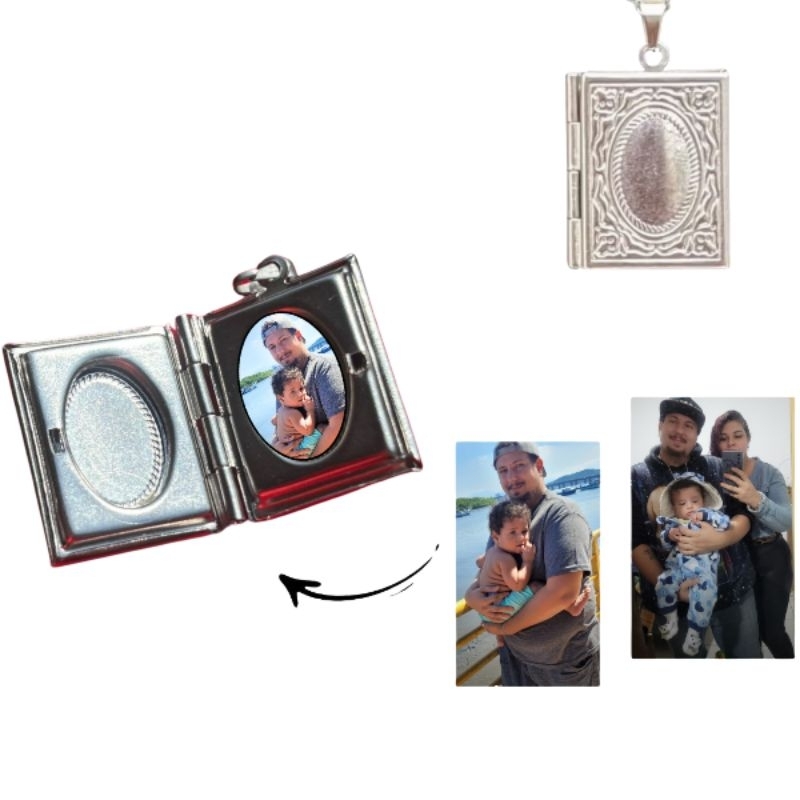 Pingente Relicário Livro em Aço Inox com 2 fotos Antialérgico