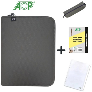 Fichário Universitário Argolado A4 Com Bloco de Folhas 6 Divisórias e Estojo ACP Cinza em Oferta na Shopee