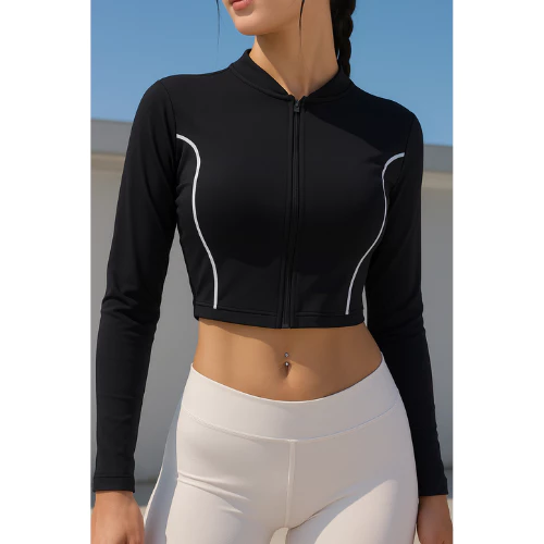 Casaquinho Cropped  Feminino Com Zíper Proteção Solar UV Para Treino Academia