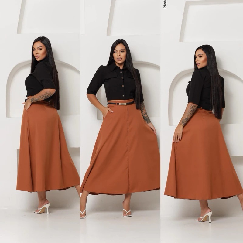 Saia Longa rodada Feminino Alfaiataria com Cinto em Oferta na Shopee