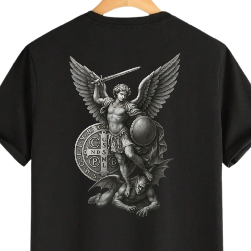 Camiseta Estampada Algodão Premium São Miguel Arcanjo Medalha São Bento Unissex Preta  Branca Camisa em Oferta na Shopee
