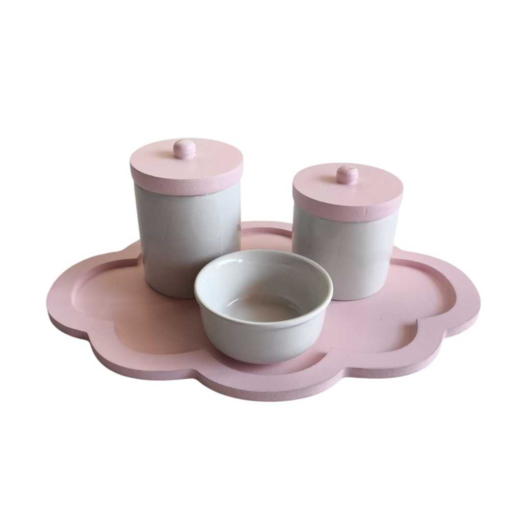 Kit Higiene bebê porcelana potes com tampa bandeja mdf rosa porta algodão cotonete 4 peças
