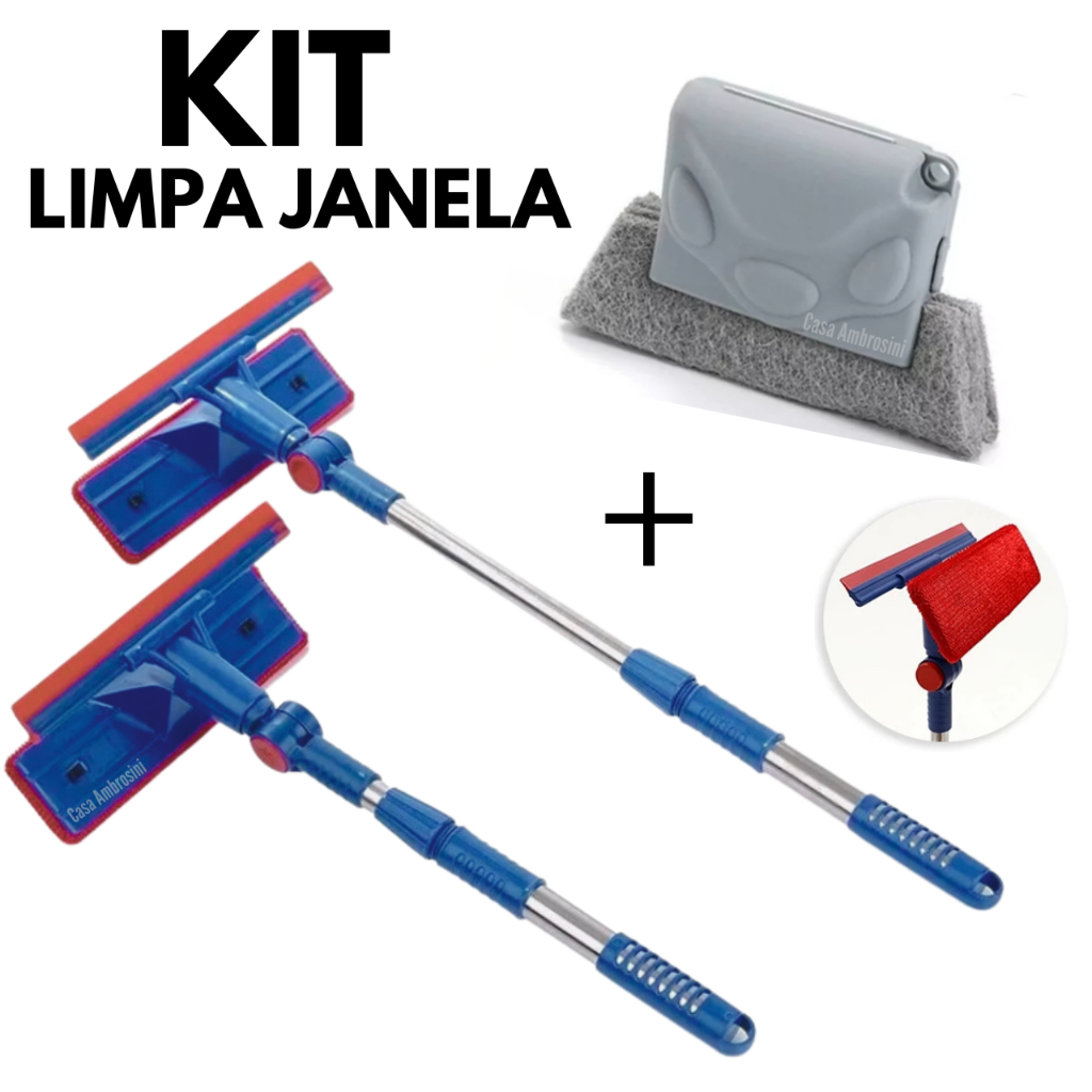 KIT Rodo Limpa Vidro + Escova Limpeza Cantos Janela Multiuso 2 em 1 Extensível com Esponja