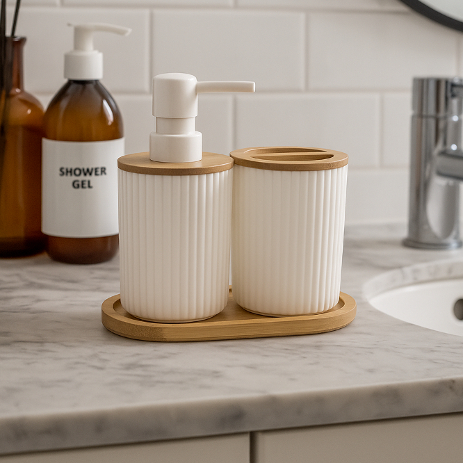 Kit Lavabo Porta Escova E Sabonete Liquido Com Base 3Pcs em Oferta na Shopee