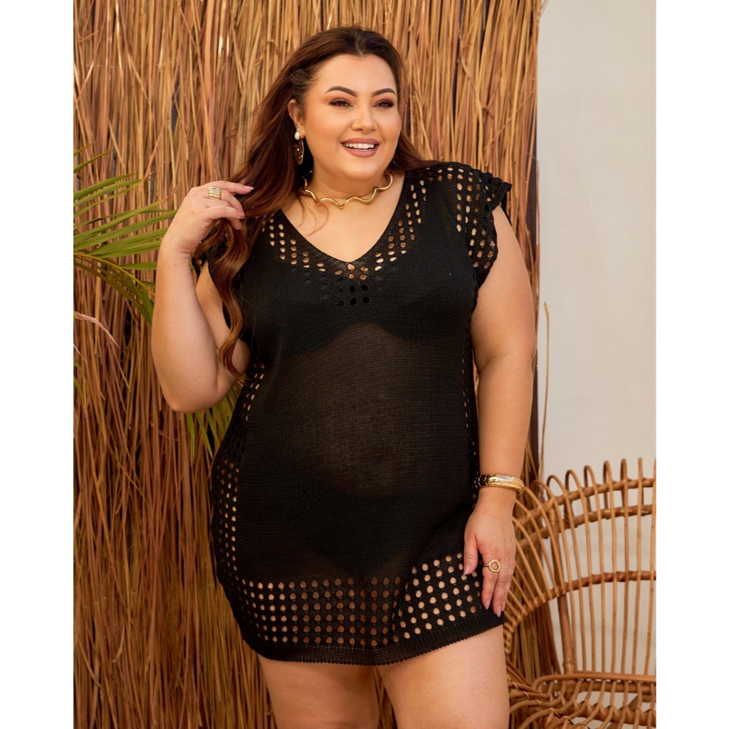 Saída de Praia Plus Size Tricot Saída de Banho Saída de Praia Tricô Rendada Elegante