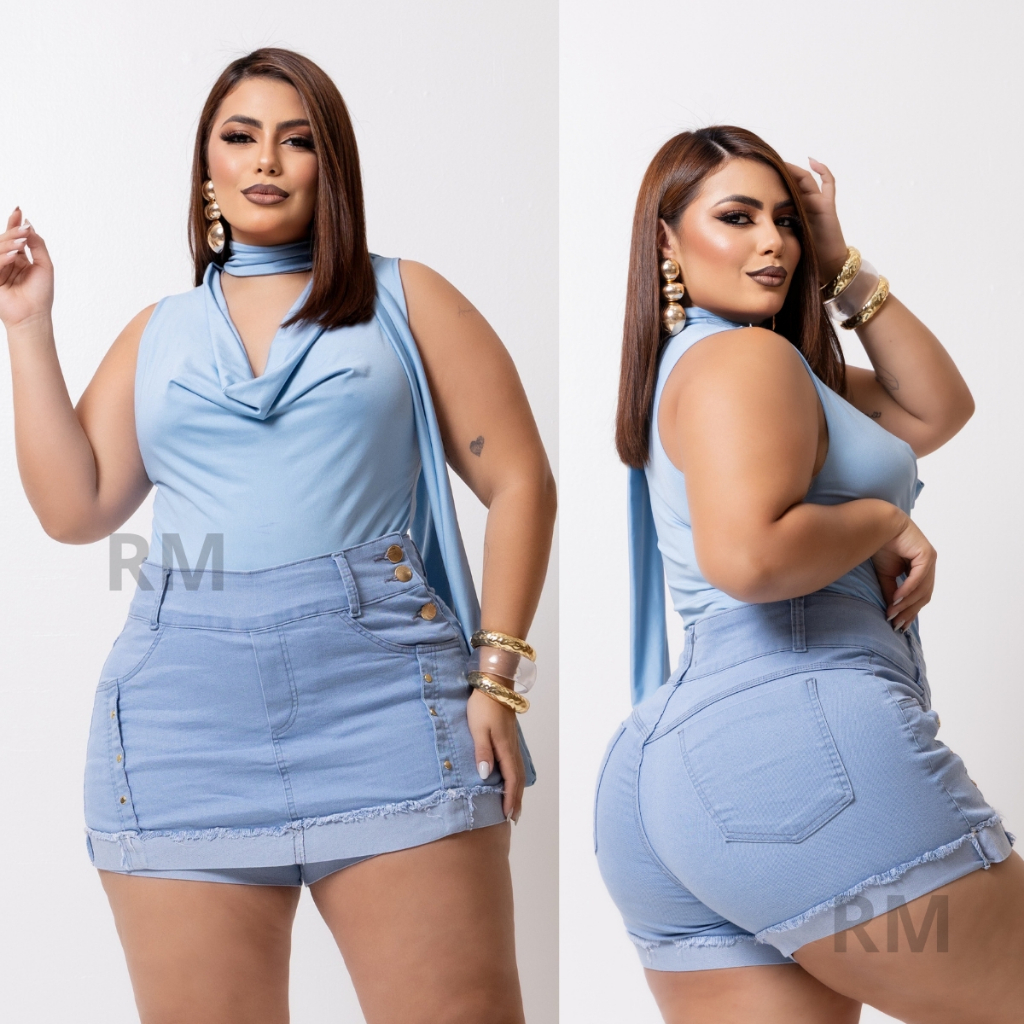 Shorts Saia Jeans Feminino Plus Size Com Lycra cintura alta Moda Plus Size