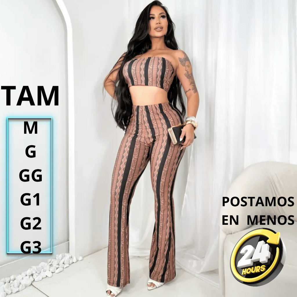 CONJUNTO TOP TOMARA QUE CAIA ESTAMPADO BOCA DE SINO BAILARINA FLARE  COM BOJO em Oferta na Shopee