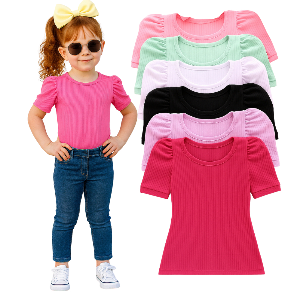 Kit 3 Blusinhas Infantis Femininas Manga Princesa Canelada Cores Variadas - Roupa Menina