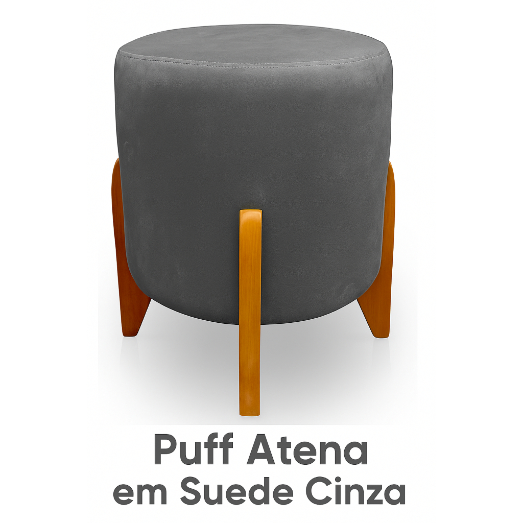 ✨ Puff Decorativo Atena | Suede Cinza + Pés de Madeira 🌿