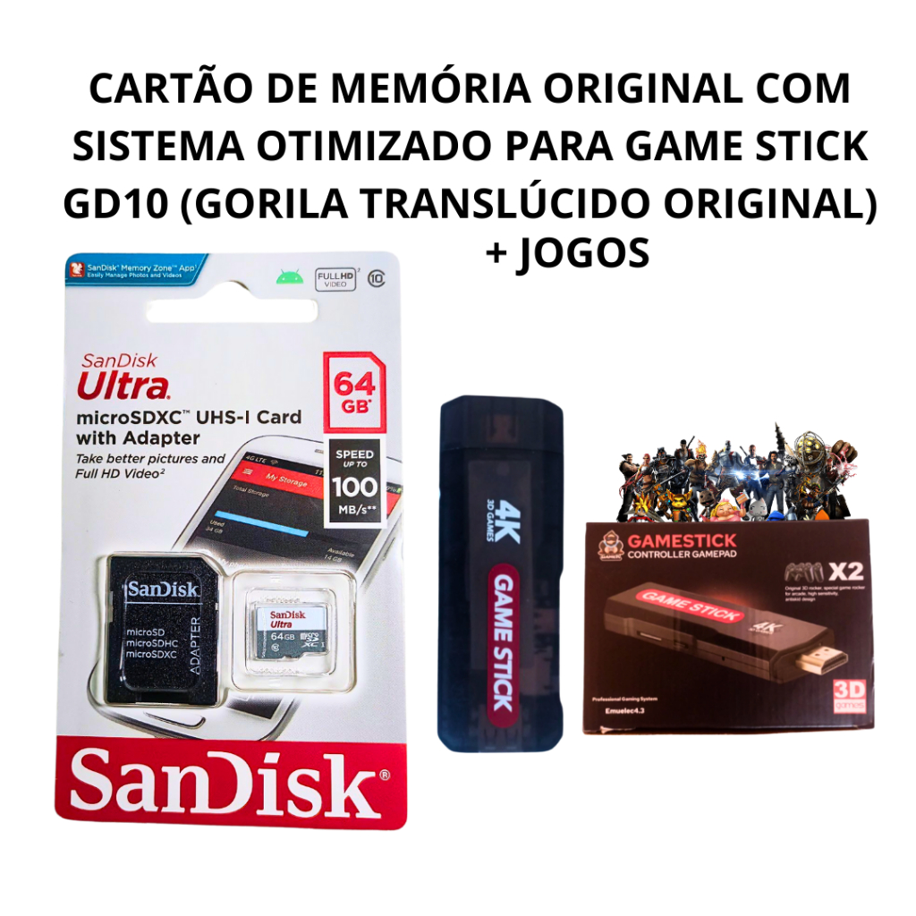 Cartão de Memoria com a Imagem do Sistema Game Stick GD10 64gb (gorila translucido original) + jogos