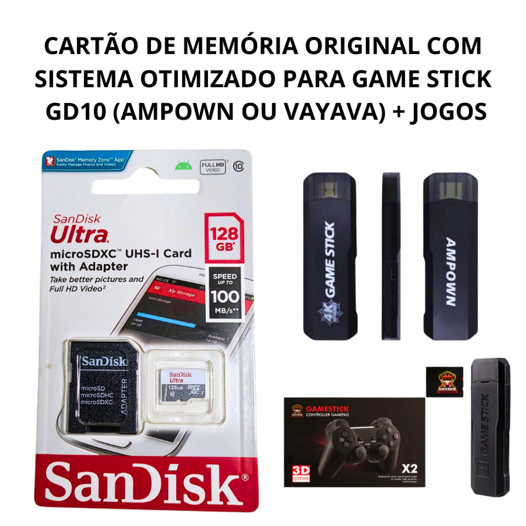 Cartão de Memoria com Imagem Sistema Game Stick GD10 128gb (ampow ou vayava) + jogos