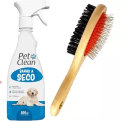 Kit Pet Clean Banho a Seco 500ml e Escova para Pelos Dupla em Madeira Cachorro Gato