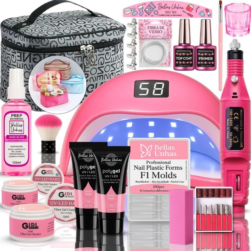 Kit Alongamento de Unha em Gel, Polygel Poligel e Fibra 3 em 1 Completo Cabine Lixadeira Nécessaire em Oferta na Shopee