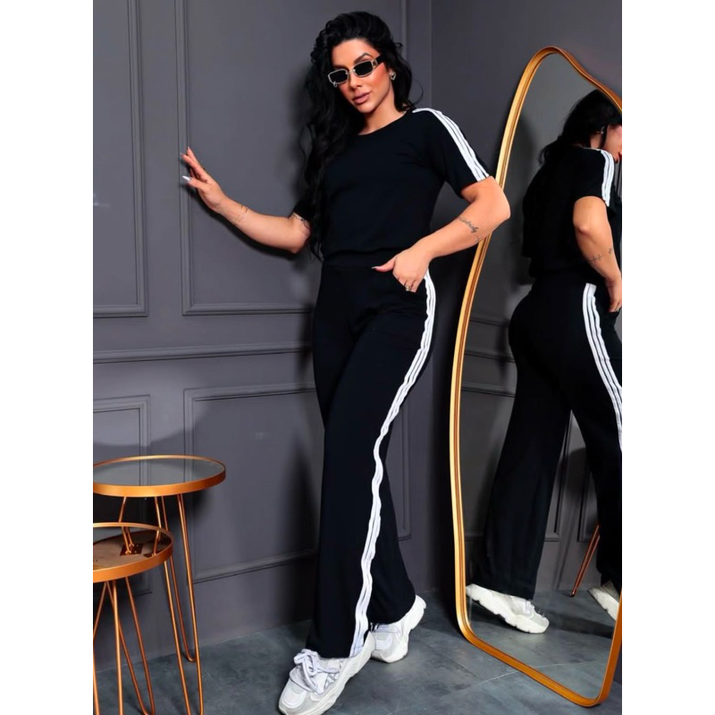 Conjunto Feminino com Listra Lateral Blusa Manga Curta